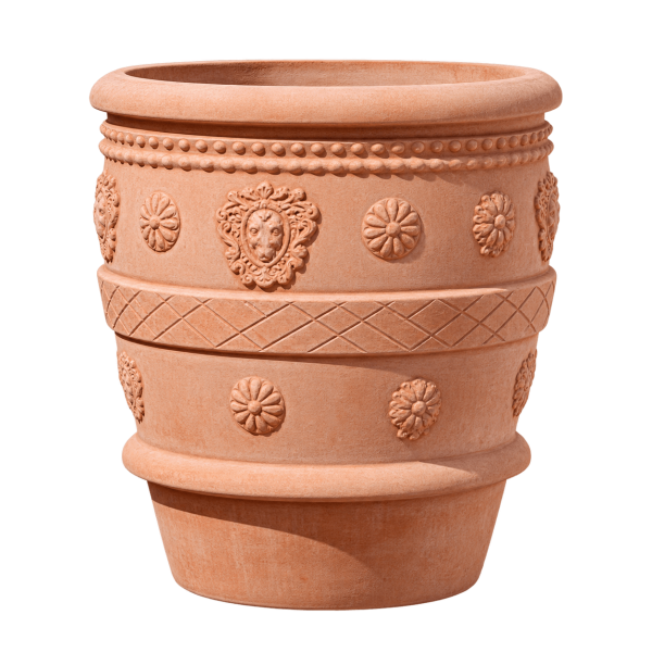 Terracottatopf mit Löwenköpfen und Rosetten aus Impruneta